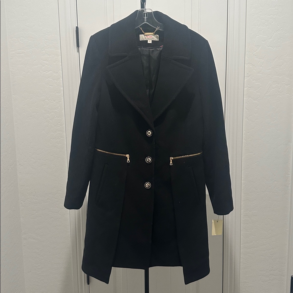 Trina Turk Nwt Wool Blend Black Trench Coat With Gold Zipper Detail Size 16